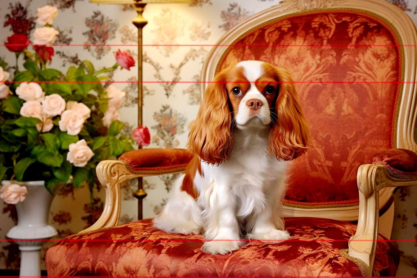 Cavalier King Charles Spaniel sitting elegantly on an antique-style upholstered chair. The dog has a glossy, chestnut-and-white coat, with long, flowing ears framing a face that conveys a regal and calm expression. Behind the dog, there is a vintage floral wallpaper